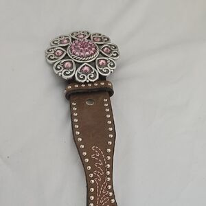 Brown Leather Belt with Silver and Pink Floral Buckle